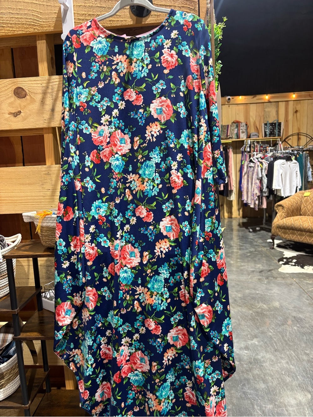 Floral Navy A-Line Dress with Pink & Teal Blooms